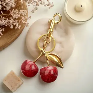 Cherry Shaped Keychain with Gold Clasp - Adorable Bag Charms for Women - Perfect for Leather Handbags & Personalized Car Keyrings - Ideal Anniversary Wedding Gift