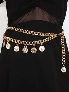 Gold Coin Belt Pirate Coin Metal Belt Chain Waist Chain for Women Fashion Plus Size Gold Waist Chains Waist Belts Layered Body Chain Pirate Waist Chain Jewelry for Women Chunky Trendy Belly Belts for Women  Dress Pirate Costume Women Accessories