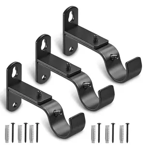 Adjustable Curtain Rod Brackets, Metal Window Drapery Rod Hanger Holders Hooks for 1 inch Rods (Black, Set of 3)