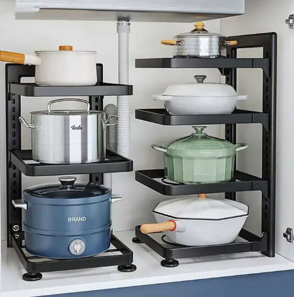Adjustable Multi-Tier Pot Rack Organizer, Under Sink Pan Storage Holder for Cabinet, Heavy Duty Kitchen Cookware Stand