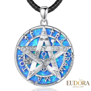 925 Sterling Silver Tetragrammaton Necklace, Opal Inlay Pentagram Pendant Hebrew YHWH & Occult Symbols, Protective Amulet, Spiritual Jewelry