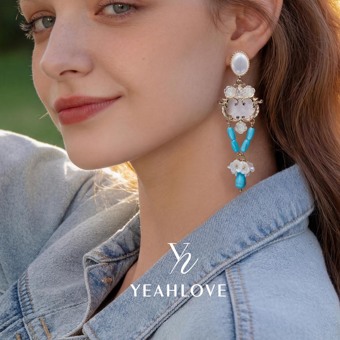 YEAHLOVE Boho Turquoise & Mother-of-Pearl Floral Drop Earrings  925 sterling silver posts — hypoallergenic, sensitive ears friendly. Vintage romantic statement style. Perfect for daily wear, parties, or gifting.