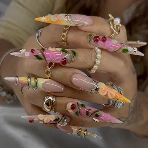 Luxury Handmade Long Stietto Press-On Nails Set - Pink Nude Design with 3D Flowers, Cherry, Ladybug, Bee Nail Art Decorations