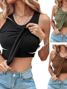 2026 Summer New European and American Style Round Neck Solid Color Tank Top with Built-in Bra, Sexy Women's Base Layer Top for Inner or Outer Wear