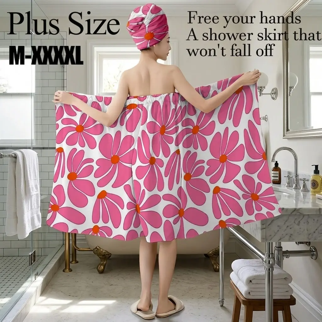 Plus Size M-XXXXL Pink Daisy Print Bath Wrap Skirt & Hair Towel Set, Non-Slip Adjustable Shower Skirt for Bathroom, Spa, Bridal Shower, Summer Vacation
