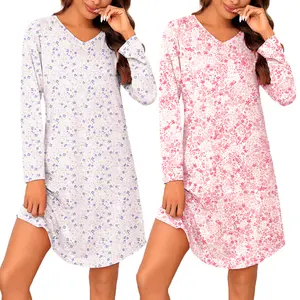 Moo Moos for Women: Marvmys 2-Pack Floral Nightgowns - Soft Long Sleeve Sleepshirt & Lounge Dress, Cozy V-Neck Pullover Sleepwear S-3XL