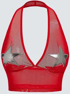 MESH STAR PRINT BACKLESS HALTER TOP