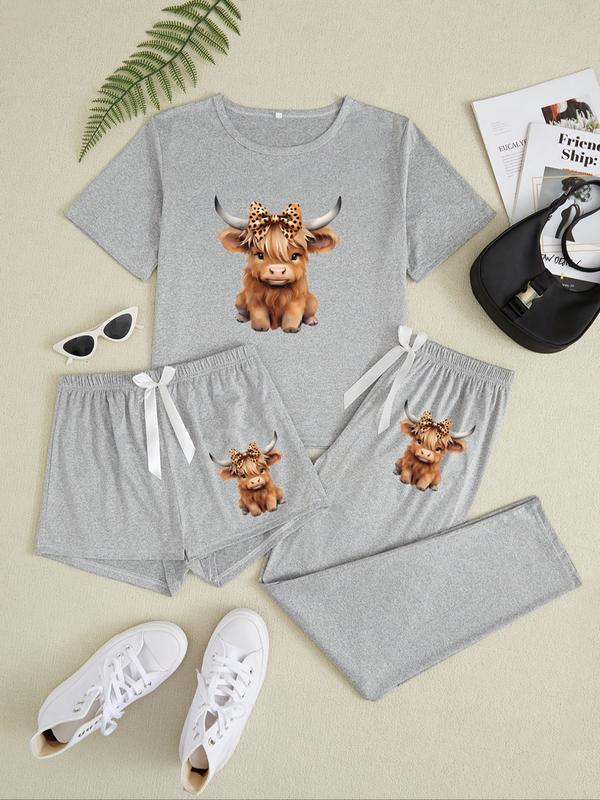 Cartoon Highland Cow Print Women's Pajama Sets, Casual All Seasons Nightwear, Fitted Knitted Fabric Sleepwear Cartoon Highland Cow Print Women's Pajama Sets, Casual All Seasons Nightwear, Fitted Knitted Fabric Sleepwear