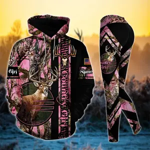 Premium Deer Hunting Skull Pattern Country Girl Personalized 3D Style 1 Combo Hoodie & Legging Set – Custom Deer Hunting Outfit for Women, Outdoor Camo Sportswear Gift
