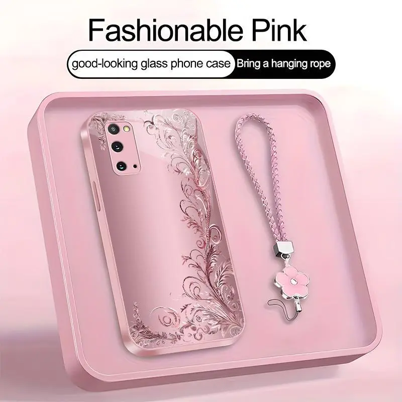 Suitable for [Galaxy S20 5g] high-end women's phone case🥰，a beautiful four-leaf clover lanyard is included🍀，minimalist, sophisticated floral pattern YM99