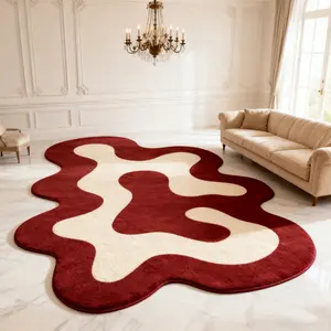 Modern Luxury Artistic Wine Irregular Wave Rug, Soft Plush Touch Large Size Home Living Room Bedroom Carpet, French Cream Style Decor, Decorative Area Rug