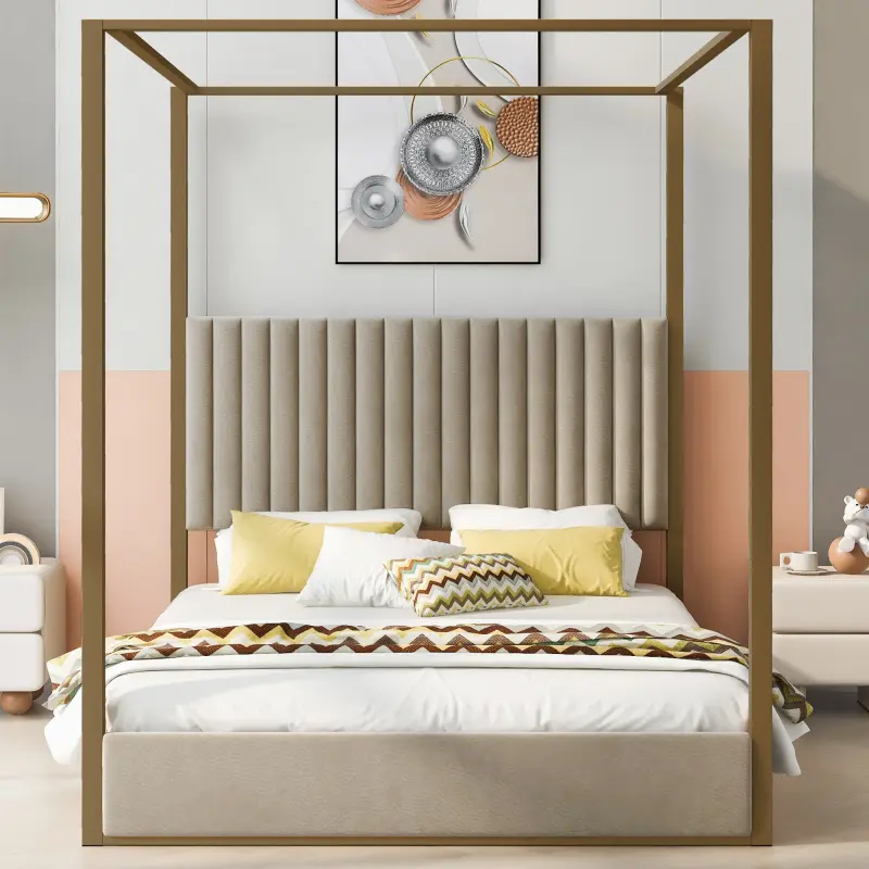 Queen Size Upholstery Canopy Bed with Headboard and Metal Frame, Canopy Platform Bed Frame with 4 Poster for Bedroom, No Box Spring Needed, Noise Free, Beige, Modern Upholstered Bed, Platform Bed Design