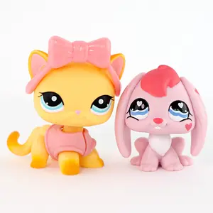 2PCS Cute Mini Pet Figures Set - Yellow Cat with Bow & Pink Lop-Eared Rabbit, Collectible Animal Toys with Accessories for Kids & Display