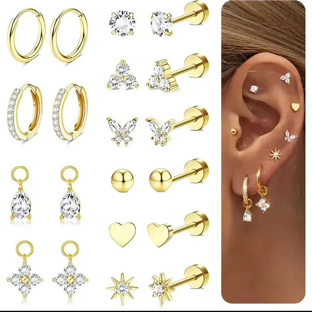 10 Pairs Small 14K Gold Plated Stud Hoop Earrings for Women Hypoallergenic Surgical Steel Earrings for Sensitive Ears Silver Flat Back Cartilage Earring Stacks with Charms for Multiple Piercing Jewelry.