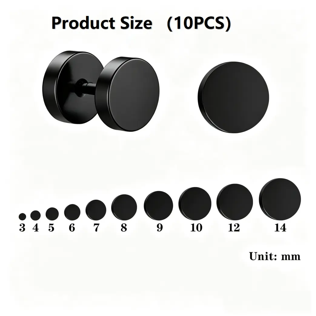 Men & Women's 10 Pairs Stainless Steel Black Stud Earrings - Faux Gauge Ear Tunnels, 3-14mm Sizes