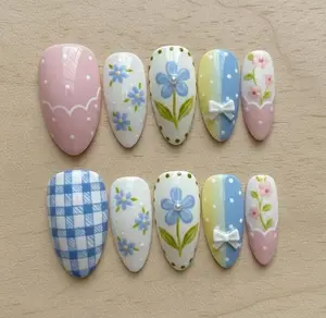 Coquette Gingham Floral Press on Nails, 3D Bow Daisy Glue Nails