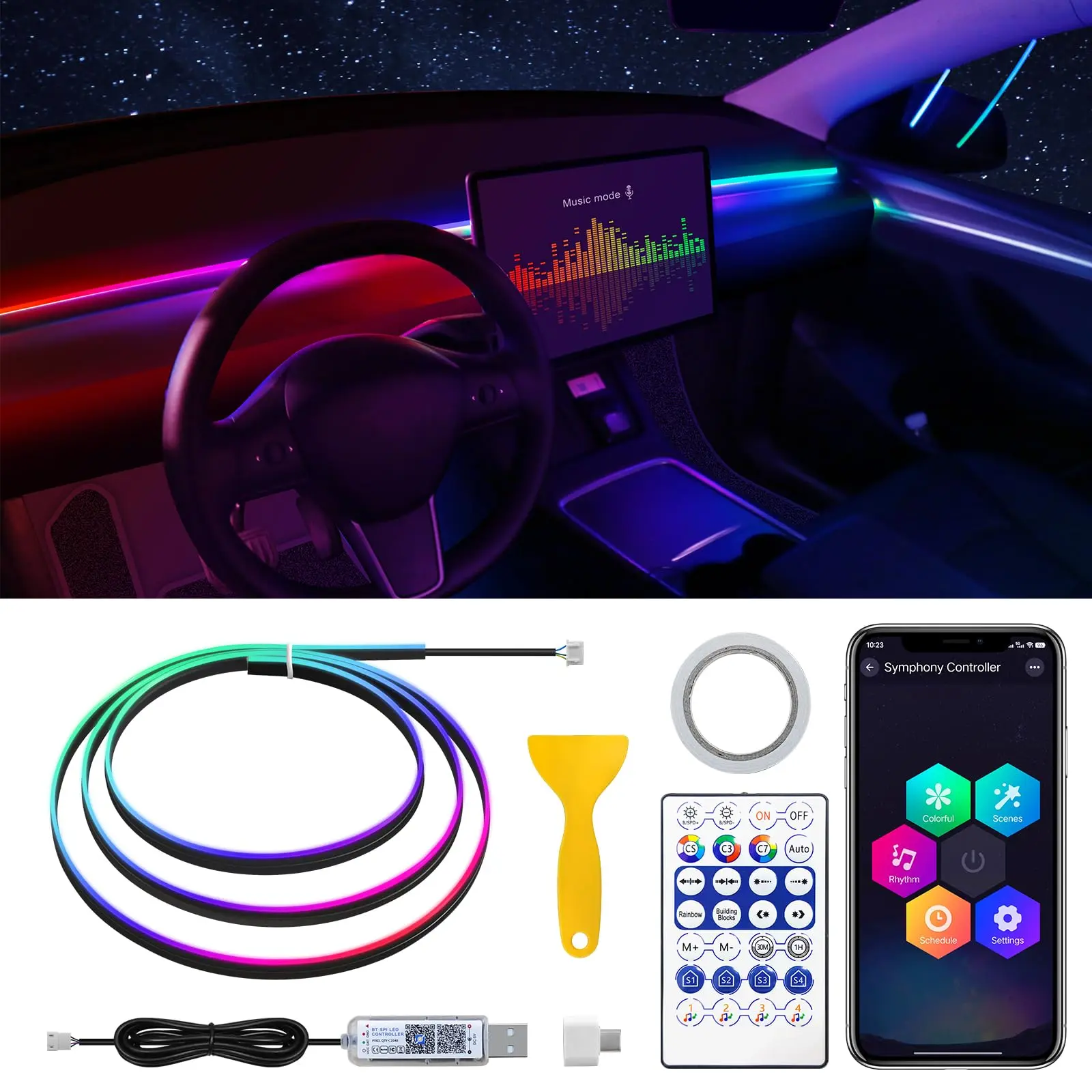 Car interior ambient lighting kit featuring a 43.3-inch all-in-one acrylic LED strip; supports app and remote control; includes RGB music-sync neon lights; USB-powered, flexible design (suitable for dashboards, doors, etc.); universal fit