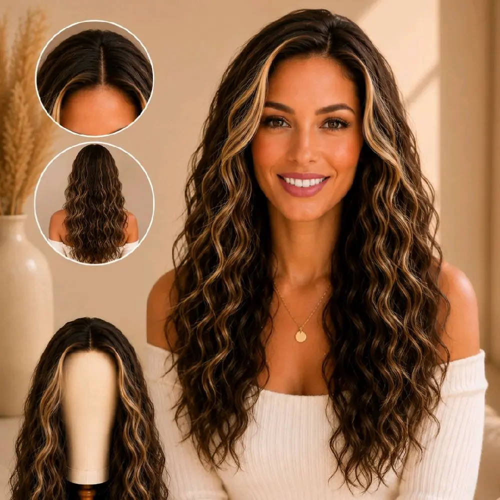 Watered Souls C1315109K Bridget 22" wig bundle Waterwave.  brunette blend, 120 density, 3 combs, 2 adjustable straps, 1 removable band. Complete wig bundle must be returned for full refund