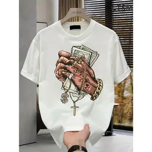 Men's Loose Fit Graphic T-shirt Bold Money Cross Design White Cotton Short Sleeve Casual Streetwear Style Machine Washable Tee Top Crewneck