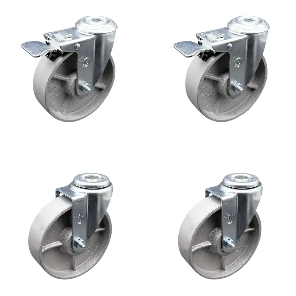Service Caster Series #20 SCC-BHTTL20S514-SSS-2-S-2 Semi-Steel Cast Iron Swivel Bolt Hole Silver Castors, Set of 4, 5x1.25 in. Lockable Wheels
