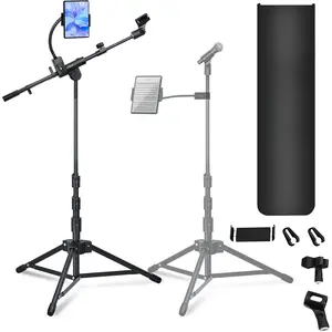 Microphone Floor Stand with Phone/Tablet Holder, Adjustable Boom Mic Stand with Heavy-Duty Base, Dual Device Mount for Streaming, Podcasting, Recording, and Live Performances GMS-04