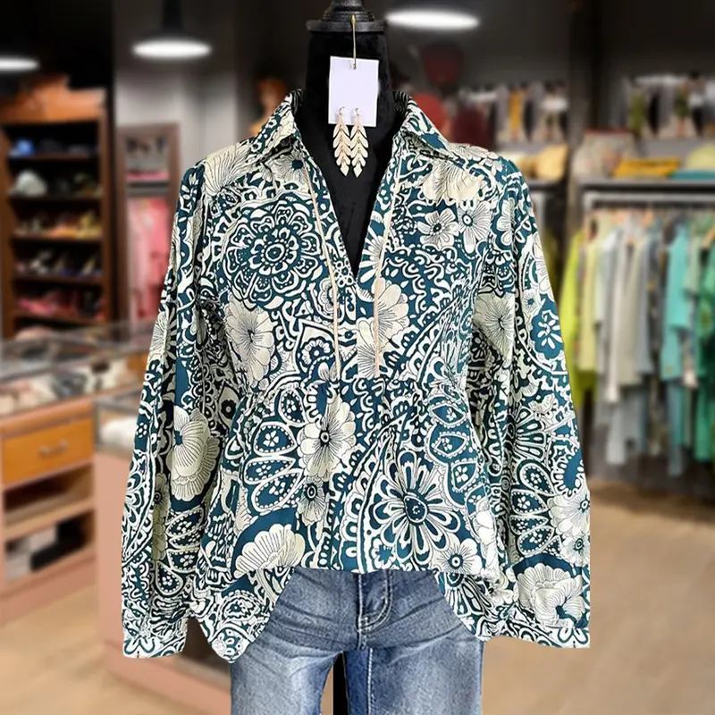 Cherrybetty Floral Print V-Neck Long Sleeve Blouse Fashion Shirts Womenswear Casual Elegant Comfortable for Skirts Blue Basic Tops Blouseswomen Long Sleeve Women Elegant Classy Tops for Teachers and Moms
