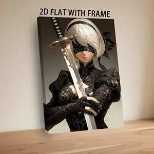 Fantasy Warrior Girl Canvas Wall Art, Black and Gold Anime Style Framed Print, Sword Knight Character Room Decor, Ready to Hang Framed Canvas Wrap