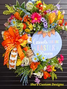 Sha's Custom Designs Carrot Easter Wreath - Colorful Floral Door Decor with Bright Orange Bow & Playful Carrots 22x26 Inches Spring Decoration for Home Ornaments