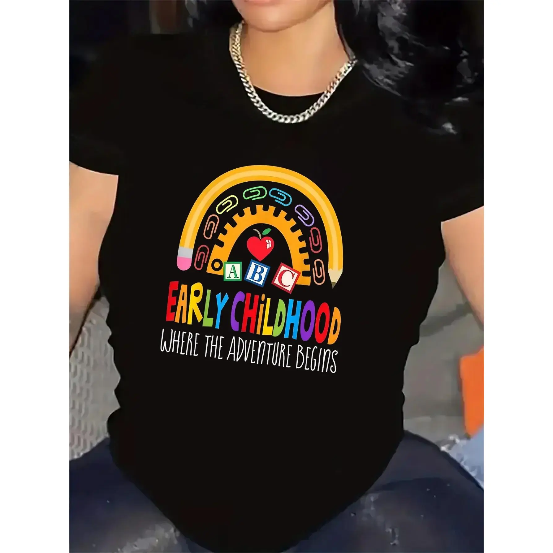 Women's Shortsleeve Top, Casual Lightweight Cotton T-Shirt with Rainbow ABC Graphic Print for Teachers, Abc Motif, Rainbow Print