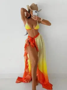 Women's Gradient Color Long Dress Bikini Set, Backless High Cut Bodycon Swimsuit, Sun Protection Mesh Swimwear, Ladies Bathing Suit and Clothing