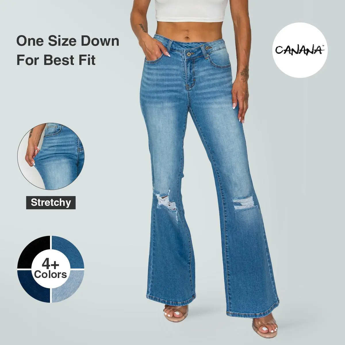 CANANA Stretchy High Rise Crossover Tapered Ripped Bootcut Jeans CANANA Stretchy High Rise Crossover Tapered Ripped Bootcut Jeans