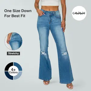 CANANA Stretchy High Rise Crossover Tapered Ripped Bootcut Jeans for Women SH25F15 Womenswear Comfortable Denim Bell Bottom Spring Fashion Daily Outfits Flare Leg Regular Size Plus Size
