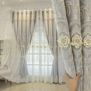 European Style Simple Curtain, Double Layer Cloth and Lace, High-End Luxurious Embossed Embroidery, Living Room Bedroom Light Blocking Drapes