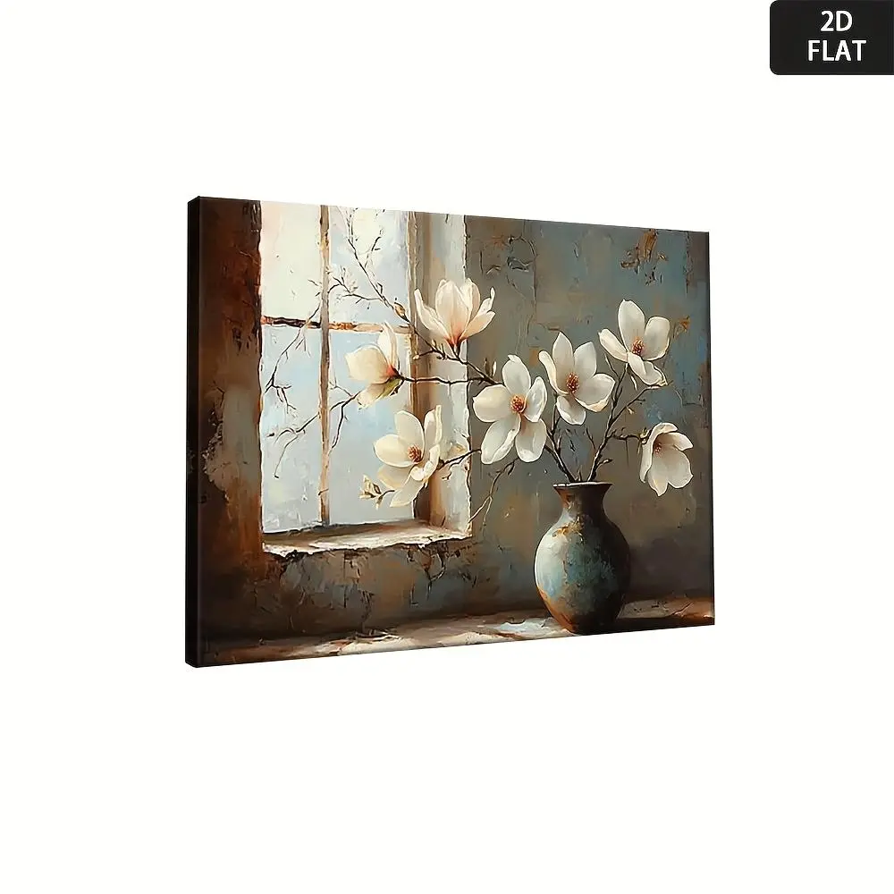 2D Flat, 1pc White Magnolia Flower Wall Art - Large Beige & Golden Framed-Like Canvas Print, Vintage Window Still Life with Blooming Magnolias in Vase, izable Size/Design for Home, Office, Living Room Decor - Elegant White Magnolia	