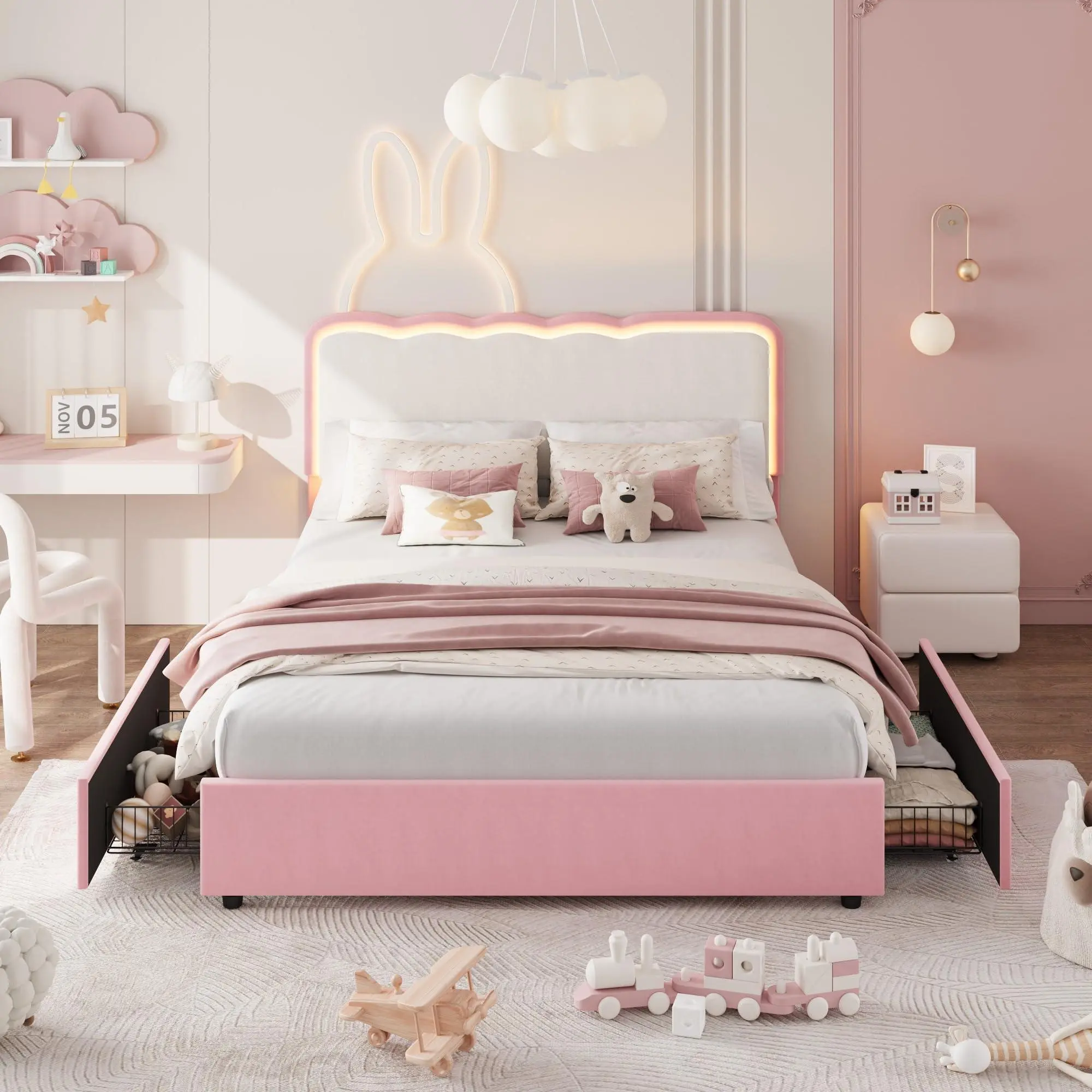 Full Upholstered LED Bed Frame with 2 Storage Drawers, Velvet Princess Platform Bed with Chic Double Wavy Headboard for Girls/Kids/Boys, Firm Wood Slats Support, No Box Spring Needed, Pink