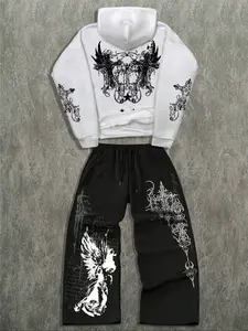 Dark Angel Gothic Graphic Cropped Hoodie & Wide-Leg Sweatpants Set | Black Alt Streetwear 2-Piece Outfit | Soft Comfortable Fabric | Gothic Aesthetic | Trendy Baggy Fit | Bold Embellished Print Set | Versatile Daily Ensemble | Perfect for Casual/Street