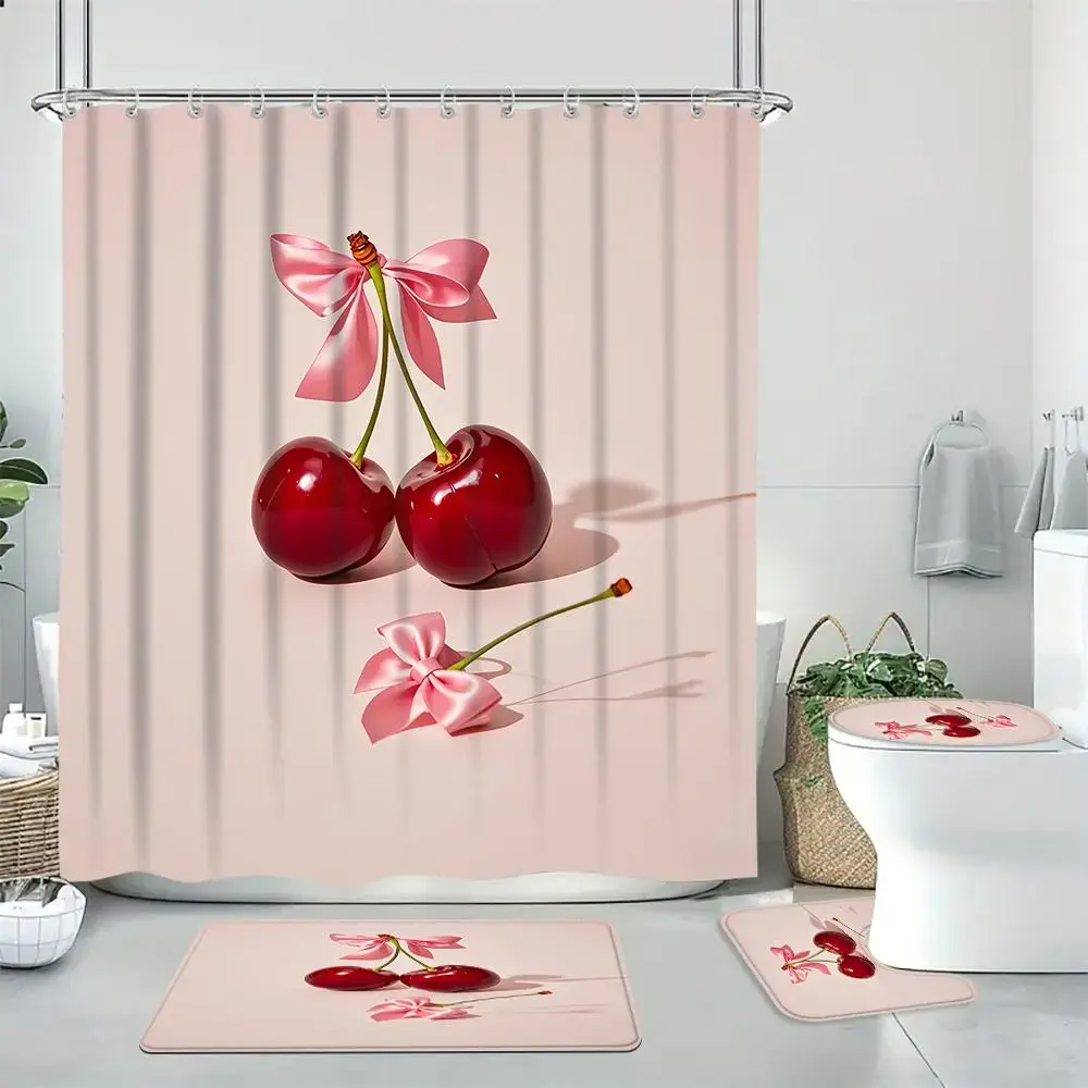 Cherry & Bow Pattern Bathroom Decorations, Restroom 1 Set Waterproof Shower Curtain & Toilet Lid Cover & Mat & U-shaped Mat, Bathroom Accessories for Home Decor, Bathroom Shower Equipment