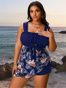 Women's Plus Size Swim Dress Navy Blue Tropical Floral Print Square Neck Ruched Top Tummy Control Bathing Suit Beachwear