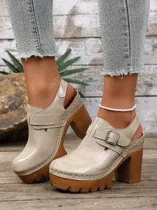 New Women's Thick Sole Metal Buckle Retro Backless High Heels Block Heel, Casual Streetwear Essential, Daily Wear Fashion Shoes
