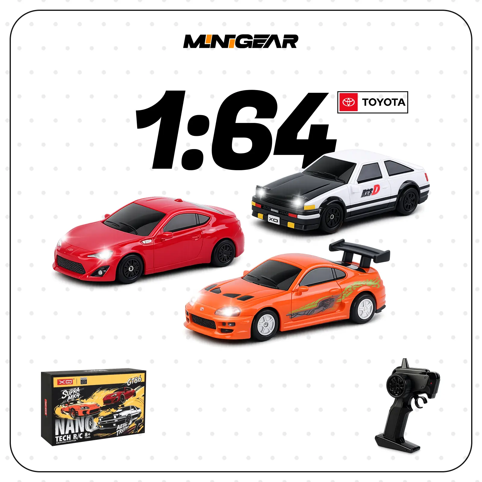 MiniGear 1/64 RC Drift Car JDM Toyota AE86, GT86 & Supra MK4 Officially Licensed, Mini Drift Car with Detachable Body, LED Lights, Dual-Speed Mode, USB Rechargeable – Perfect Gift for Kids & Collectors, Rc Model Car, Remote Controlled Car