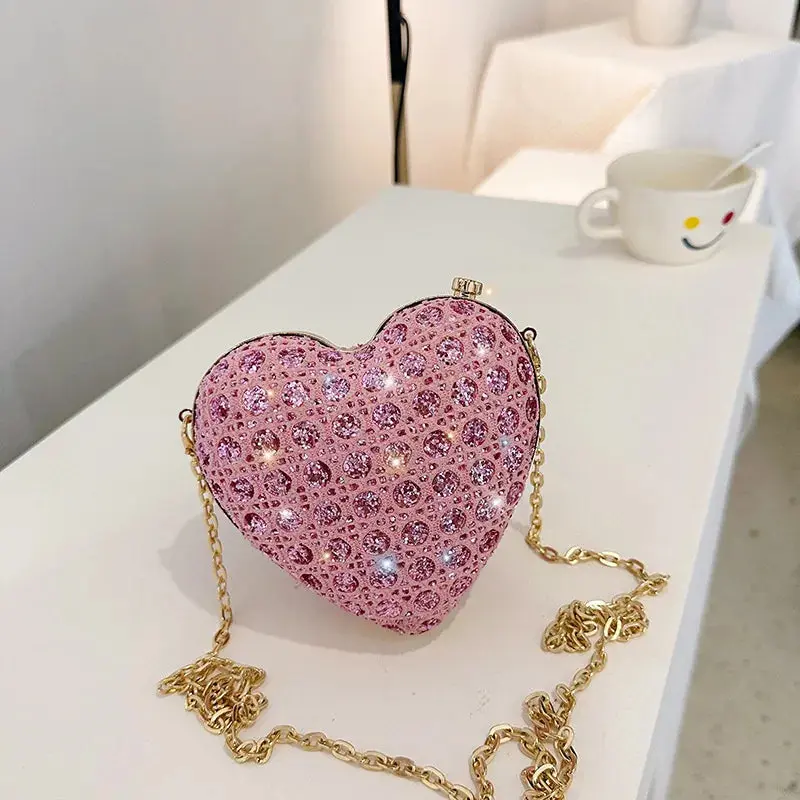 Shiny Rhinestones Heart Shape Clutch Purse with Gold Chain Great for Weddings or Formal Party