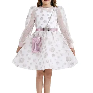 For Slim Girl. Powder Silvery Organza Dress 8-12 AGE with Elegant Polka Dot Pattern and Matching Pink Belt for Girls.