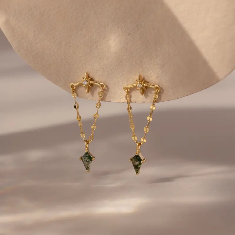 Agate Star Chain Earrings by Caitlyn Minimalist - Dangle Mirror Chain Stud Earrings - Green Moss Agate Charm Earrings - Boho Jewelry - Unique Holiday Gifts