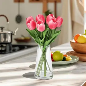 Tulips Artificial Flowers in Glass Vase,Real Touch Fake Tulips with Faux Water for Home Decor,Dining Table Centerpiece (Rose Red)