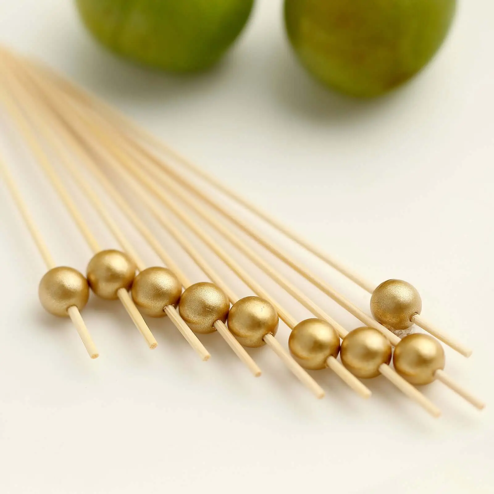 100-Pack Bamboo Cocktail Picks Utensils - Gold Round Pearls Decorative Top, 4.5" Eco-Friendly Bamboo Sticks Stir Sticks for Bars & Kitchens