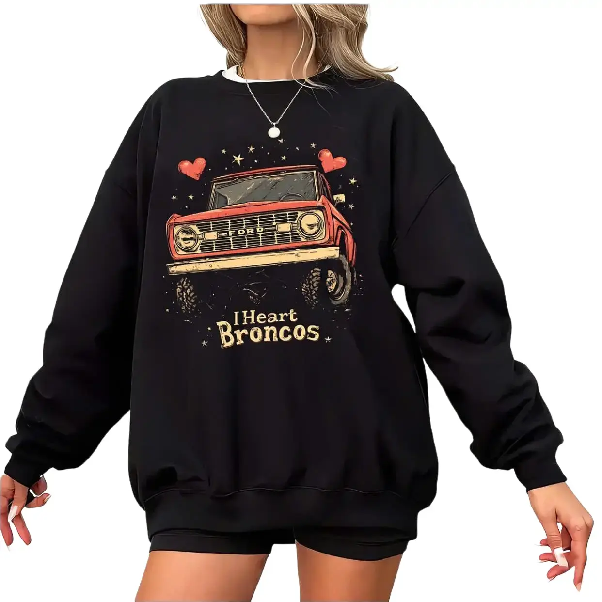 I Heart Broncos Sweatshirt, Vintage Bronco Graphic Crewneck Long Sleeve, Off-Road Truck Sweater for Fans, Classic Car Themed Apparel