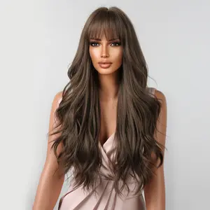 INSTYLE 30 Inch Deep Brown Long Curly Wigs with Bangs Wig Natural Wave Dark Brown Wig  Hair Replacement Wigs Halloween Cosplay Brown Wig Daily Party Wigs