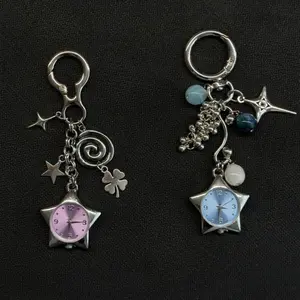 Star Watch Keychain Pentagram Clock Clover Key Bag Pendant Subculture Hanging Ornament Trendy Aesthetic Accessories for Daily Decoration Unique Gift for Friends and Family