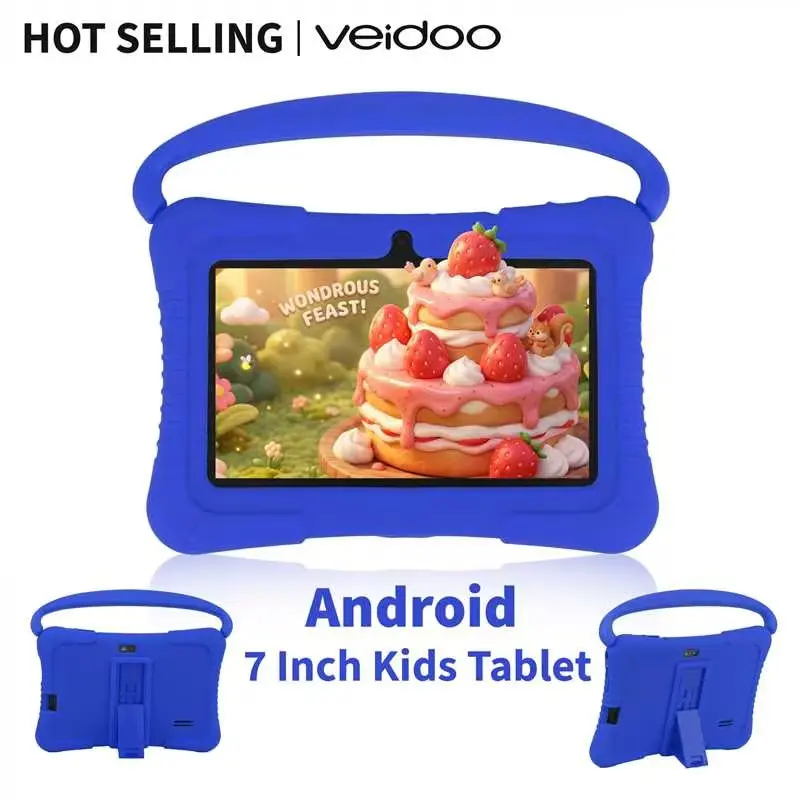 Veidoo 7" Android Kids Tablet 2GB RAM 32GB ROM Dual Cameras 2.4G WiFi with Parental Control Animal Flash Cards Shockproof Silicone Case Educational Tablets for Boys Girls Gifts