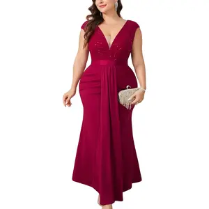 CYCLAMEN Plus Size Formal Dress Sequin Lace V Neck Mermaid Maxi Evening Gown Ruched Draped Cocktail Wedding Prom Gala
